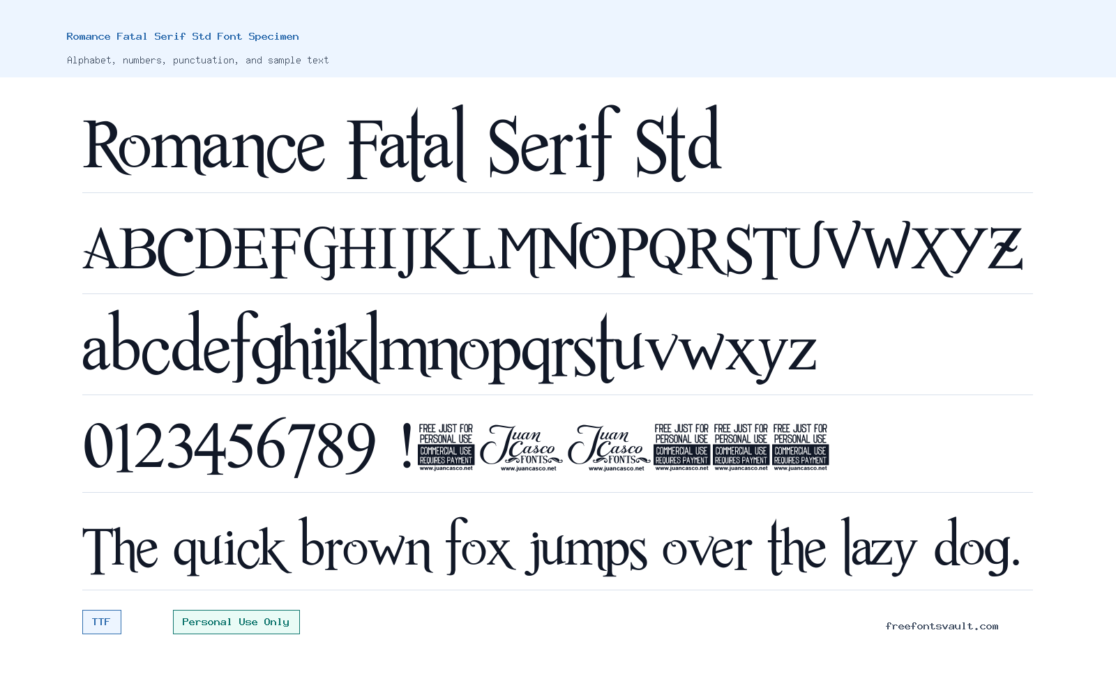 Romance Fatal Serif Std font specimen showing alphabet, numbers, and sample text