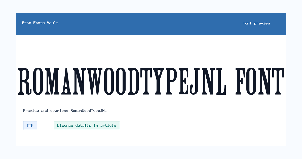 RomanWoodTypeJNL font preview showing the family name