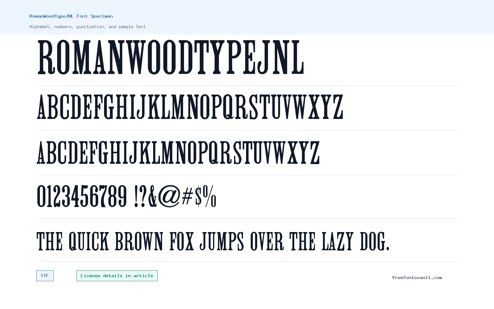 RomanWoodTypeJNL font specimen showing alphabet, numbers, and sample text
