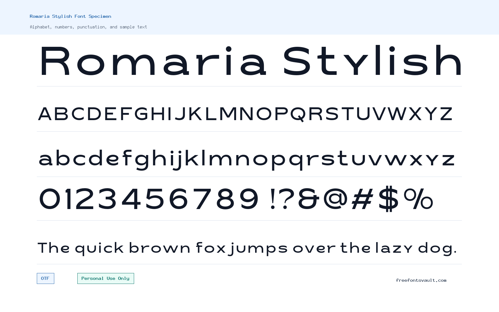 Romaria Stylish font specimen showing alphabet, numbers, and sample text