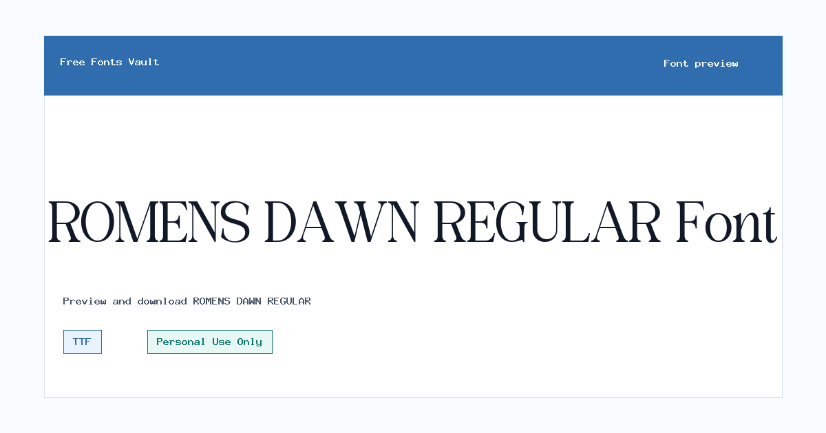 ROMENS DAWN REGULAR font preview showing the family name