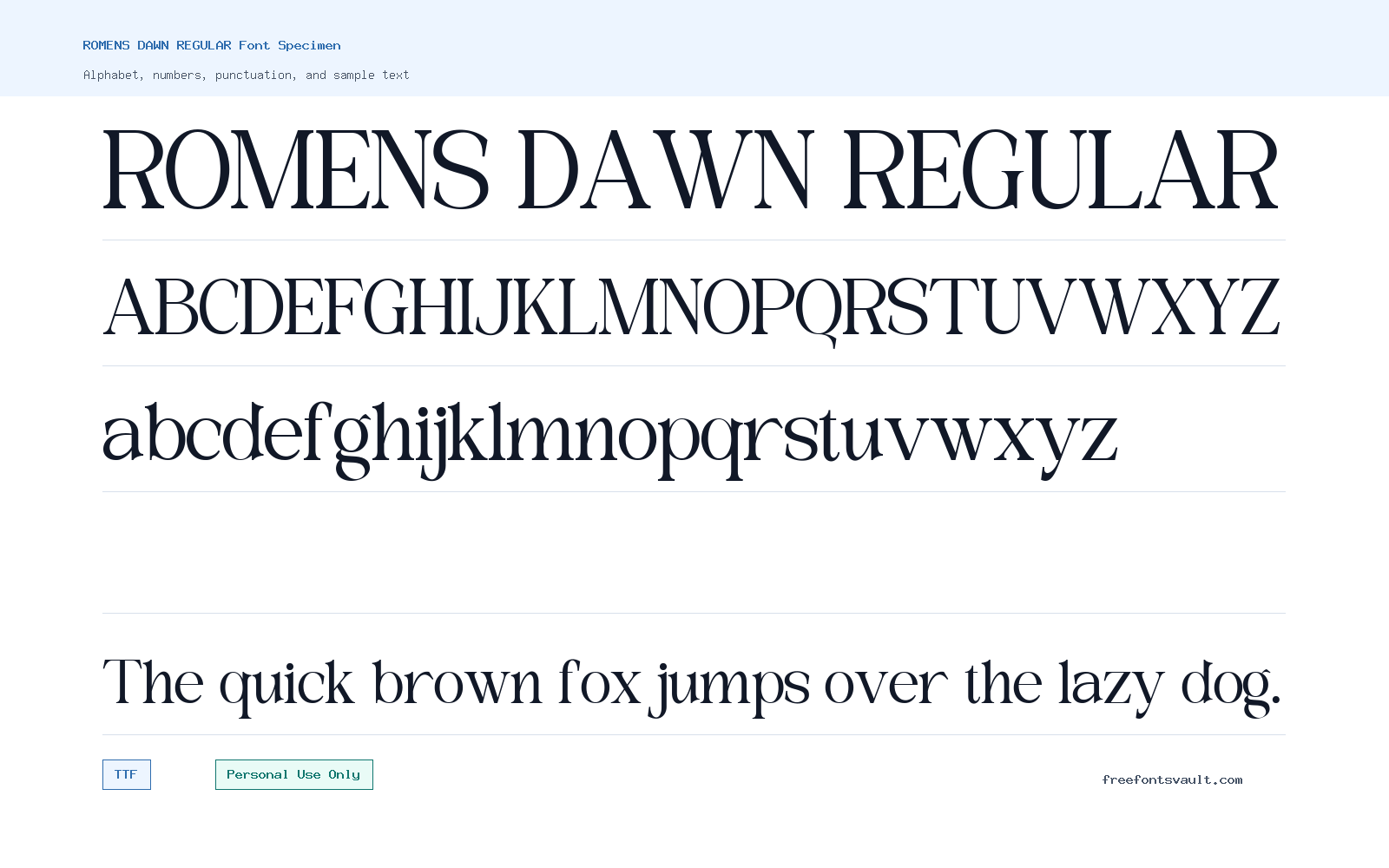 ROMENS DAWN REGULAR font specimen showing alphabet, numbers, and sample text