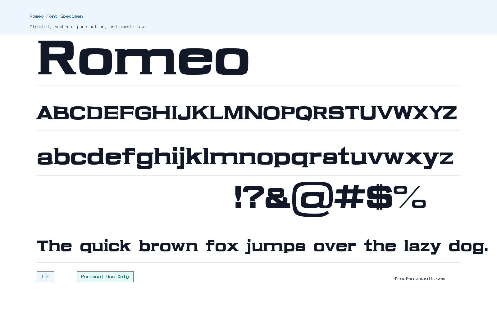 Romeo font specimen showing alphabet, numbers, and sample text