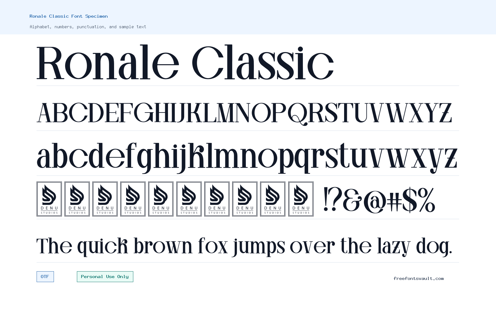 Ronale Classic font specimen showing alphabet, numbers, and sample text