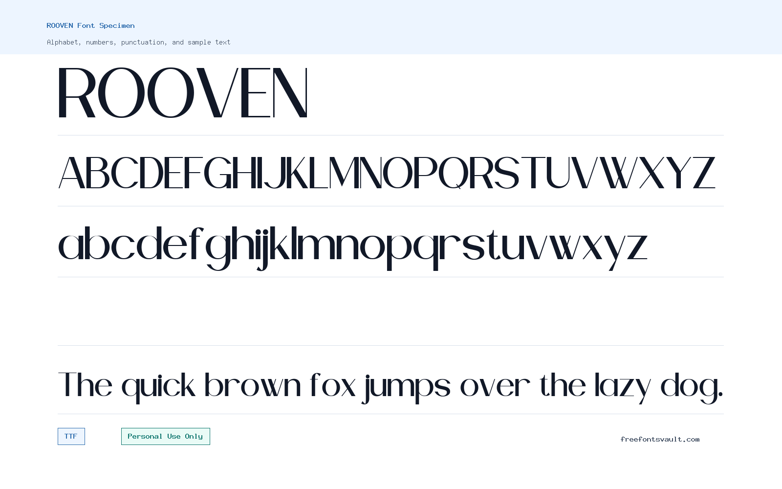 ROOVEN font specimen showing alphabet, numbers, and sample text