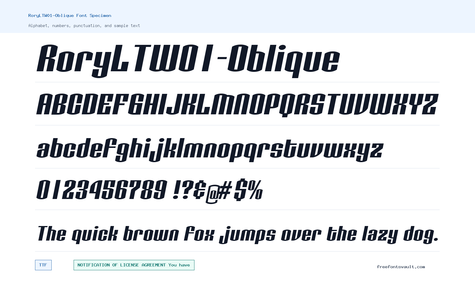 RoryLTW01-Oblique font specimen showing alphabet, numbers, and sample text