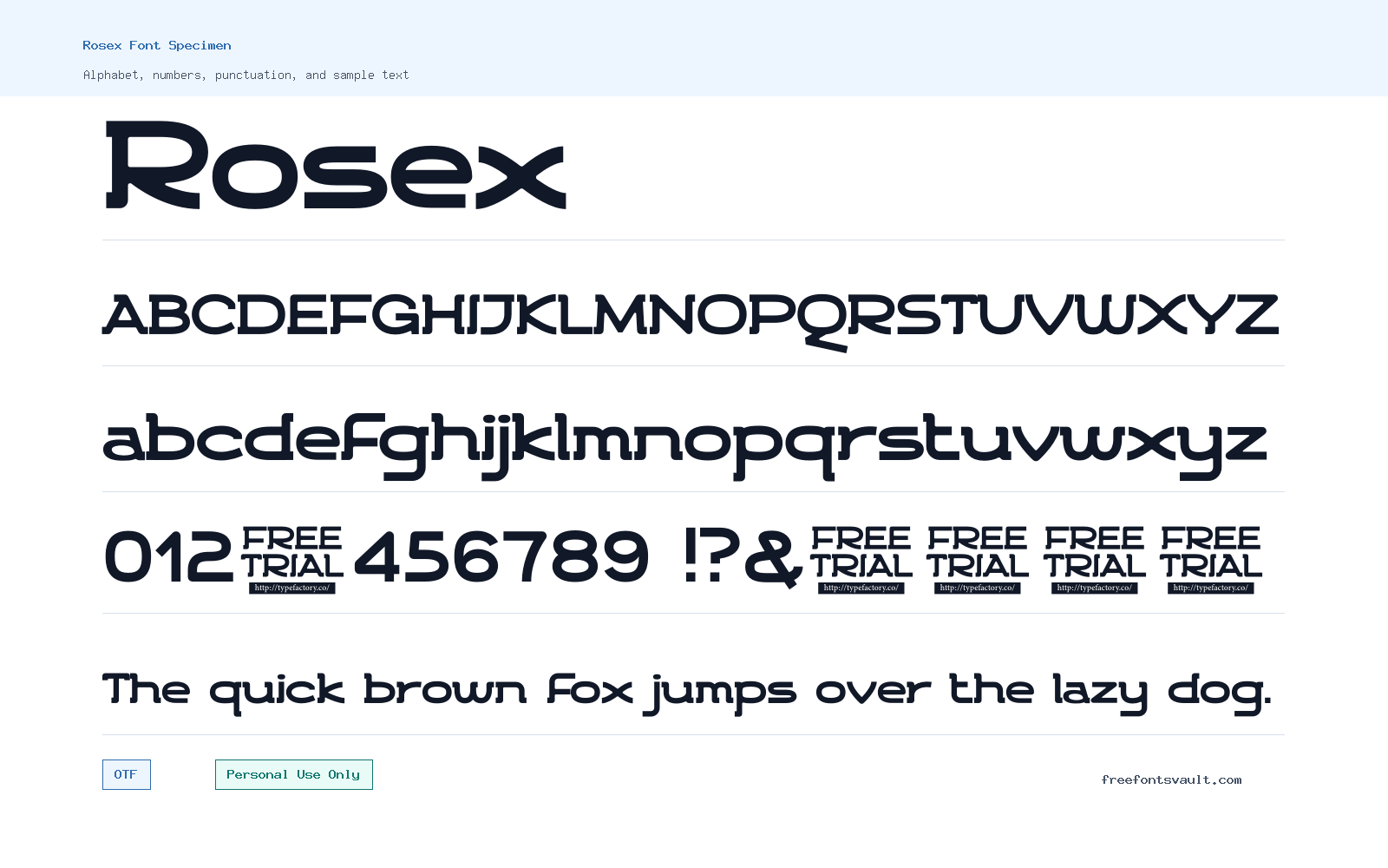 Rosex font specimen showing alphabet, numbers, and sample text