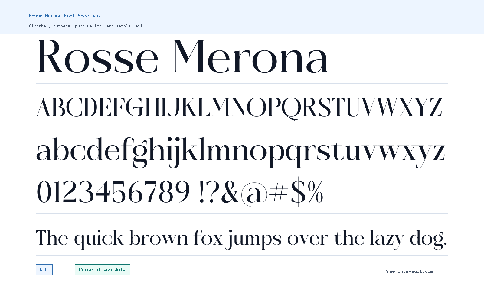 Rosse Merona font specimen showing alphabet, numbers, and sample text