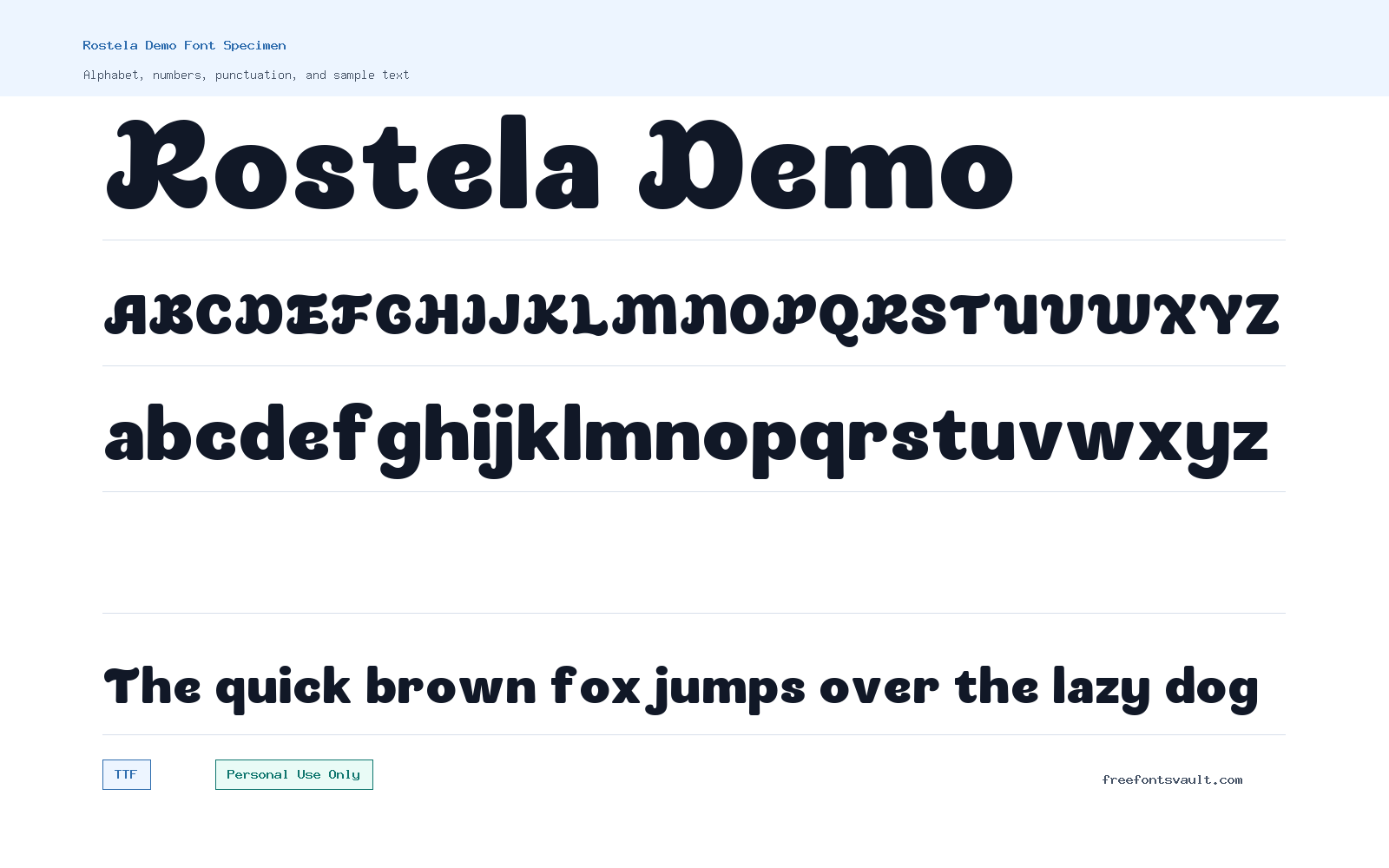 Rostela Demo font specimen showing alphabet, numbers, and sample text