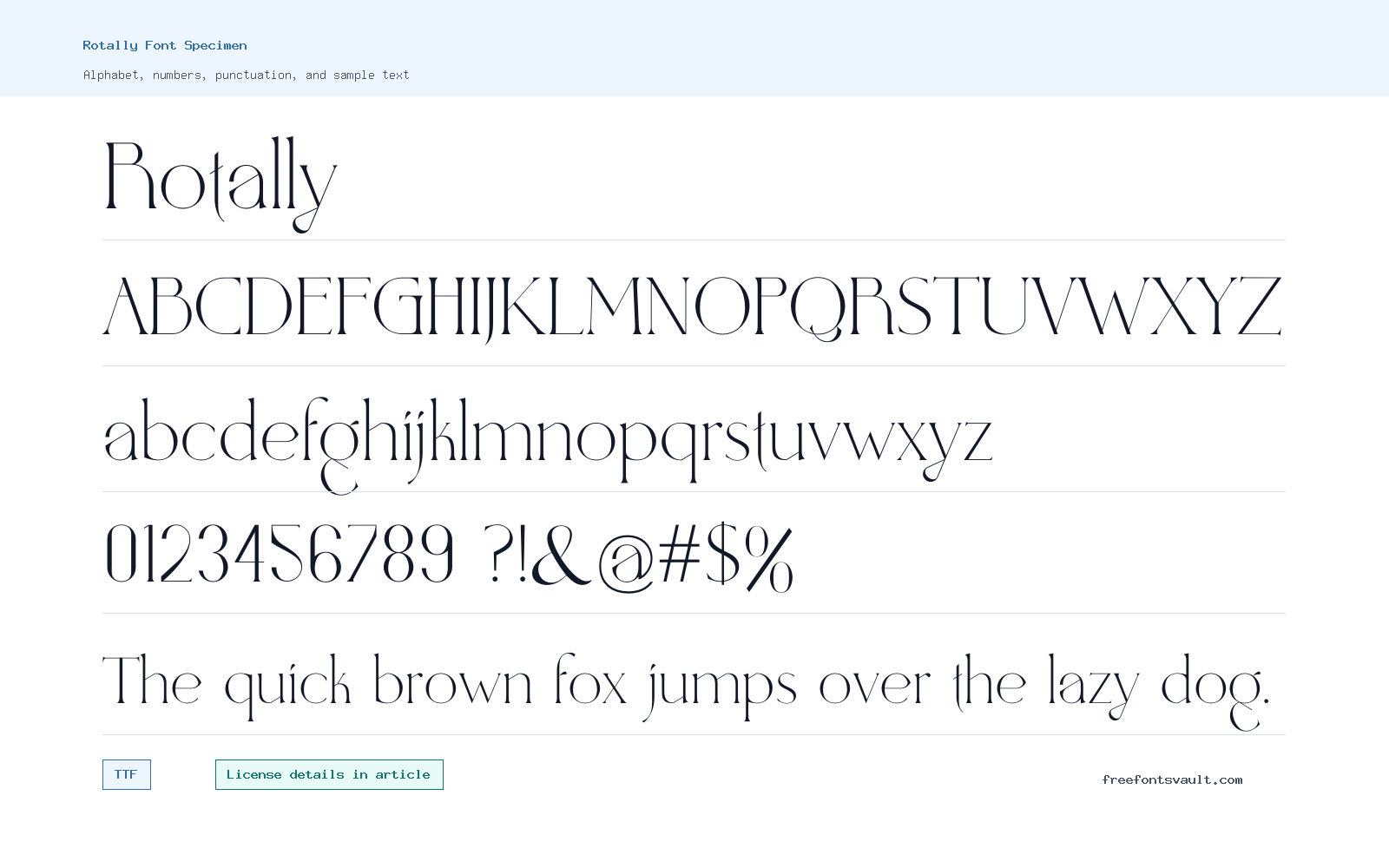 Rotally font specimen showing alphabet, numbers, and sample text