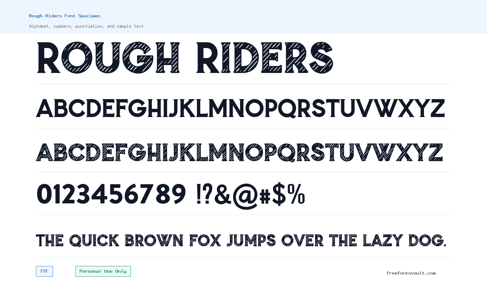 Rough Riders font specimen showing alphabet, numbers, and sample text