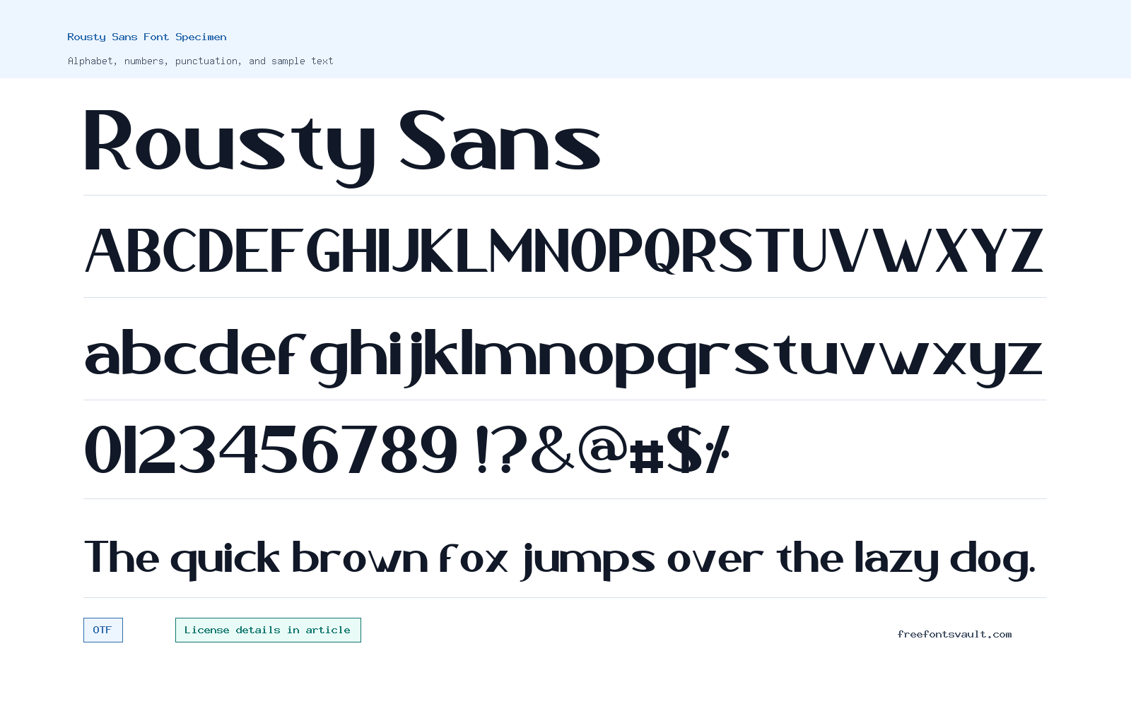 Rousty Sans font specimen showing alphabet, numbers, and sample text