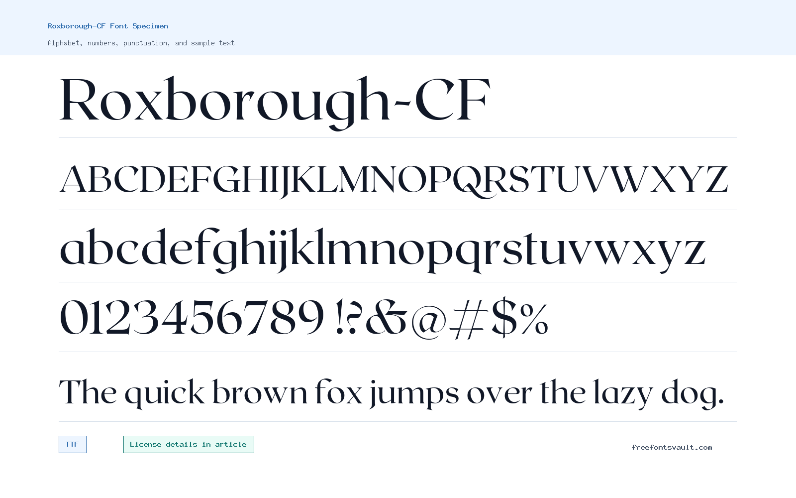 Roxborough-CF font specimen showing alphabet, numbers, and sample text