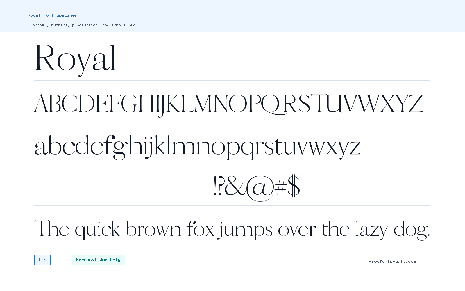 Royal font specimen showing alphabet, numbers, and sample text