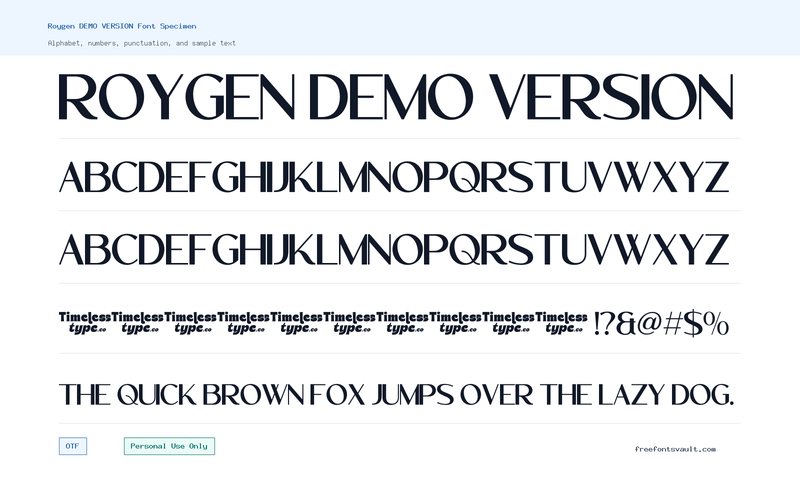 Roygen DEMO VERSION font specimen showing alphabet, numbers, and sample text