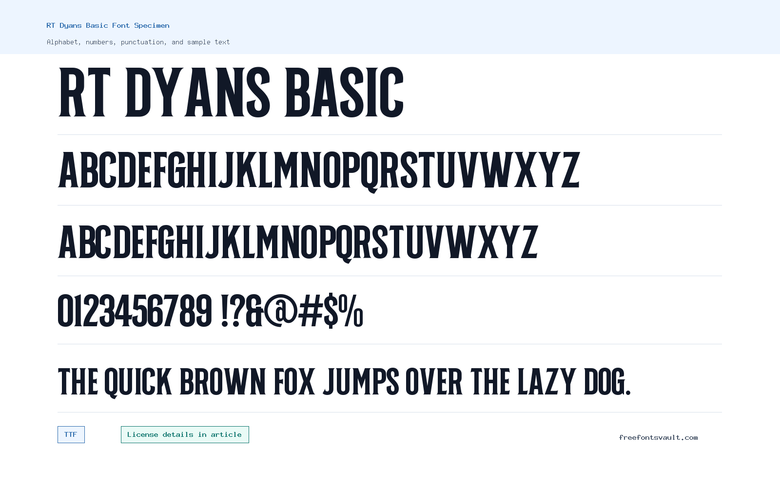 RT Dyans Basic font specimen showing alphabet, numbers, and sample text