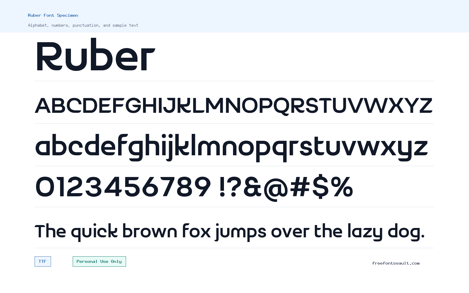 Ruber font specimen showing alphabet, numbers, and sample text