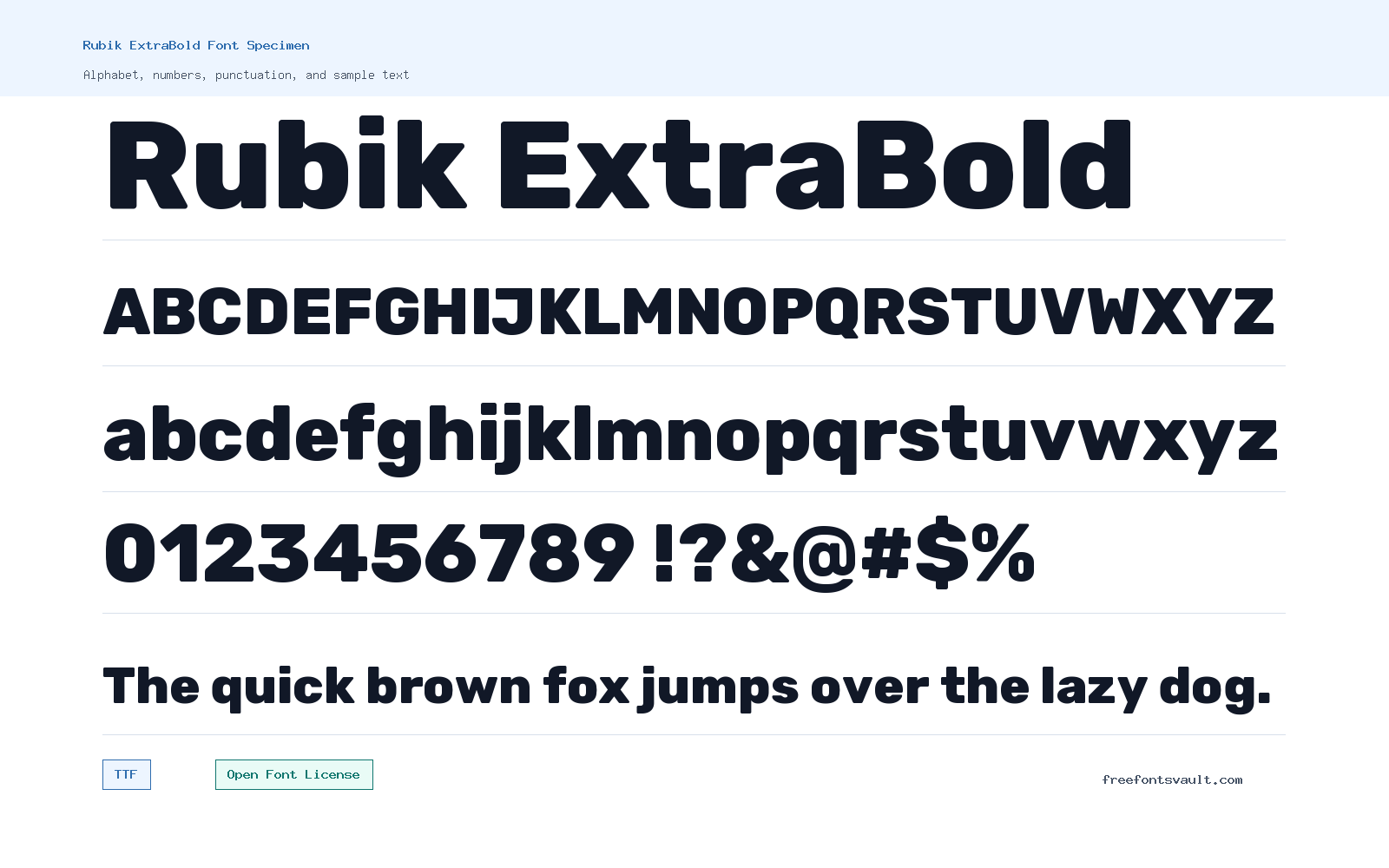 Rubik ExtraBold font specimen showing alphabet, numbers, and sample text