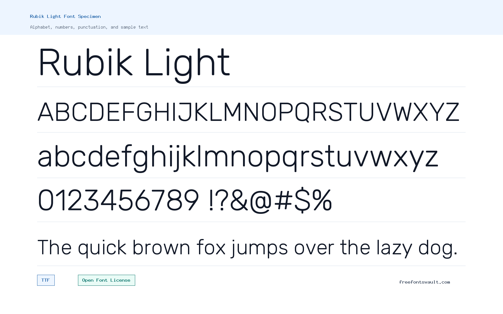 Rubik Light font specimen showing alphabet, numbers, and sample text