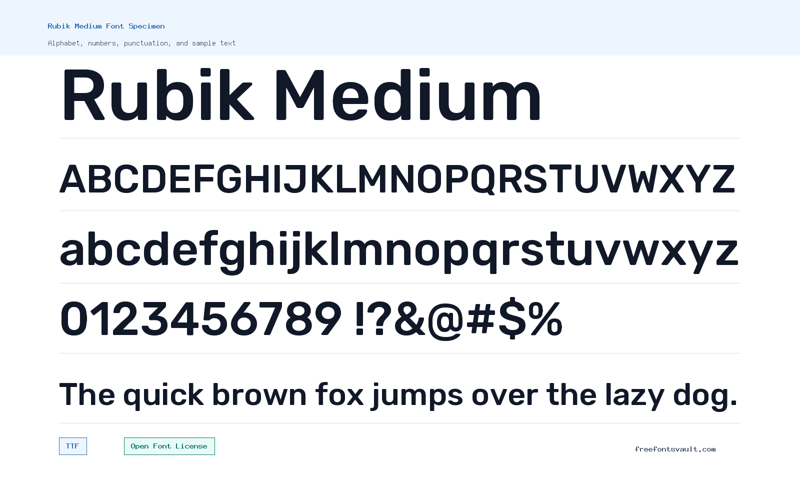 Rubik Medium font specimen showing alphabet, numbers, and sample text