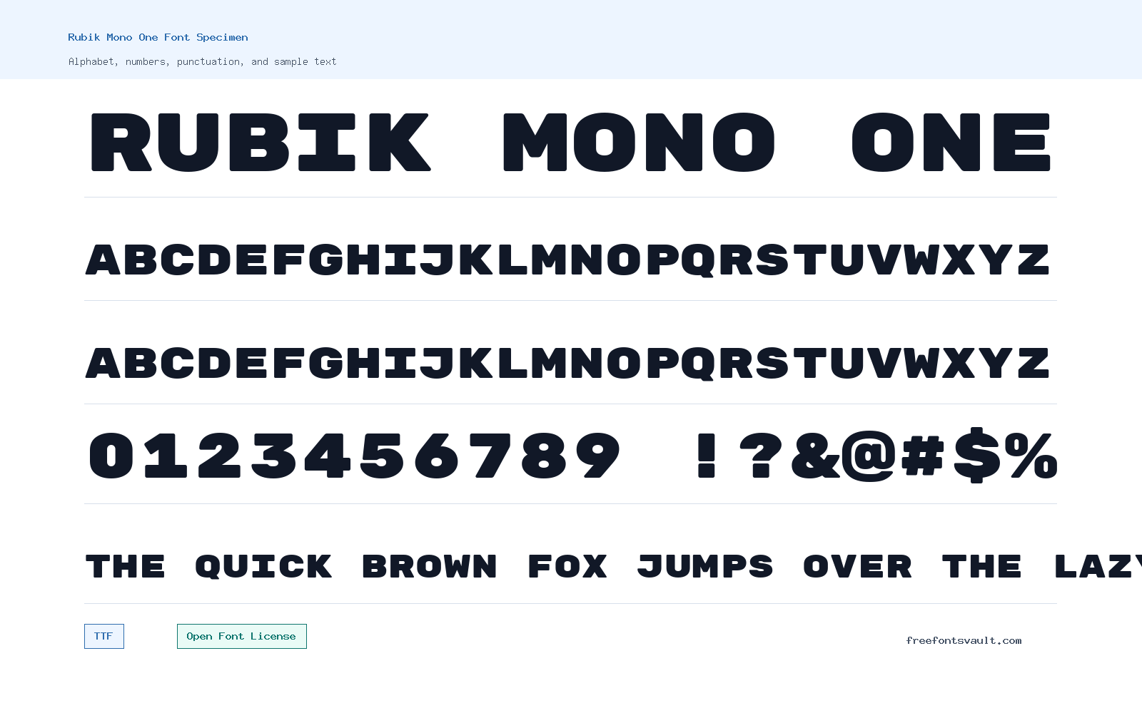 Rubik Mono One font specimen showing alphabet, numbers, and sample text