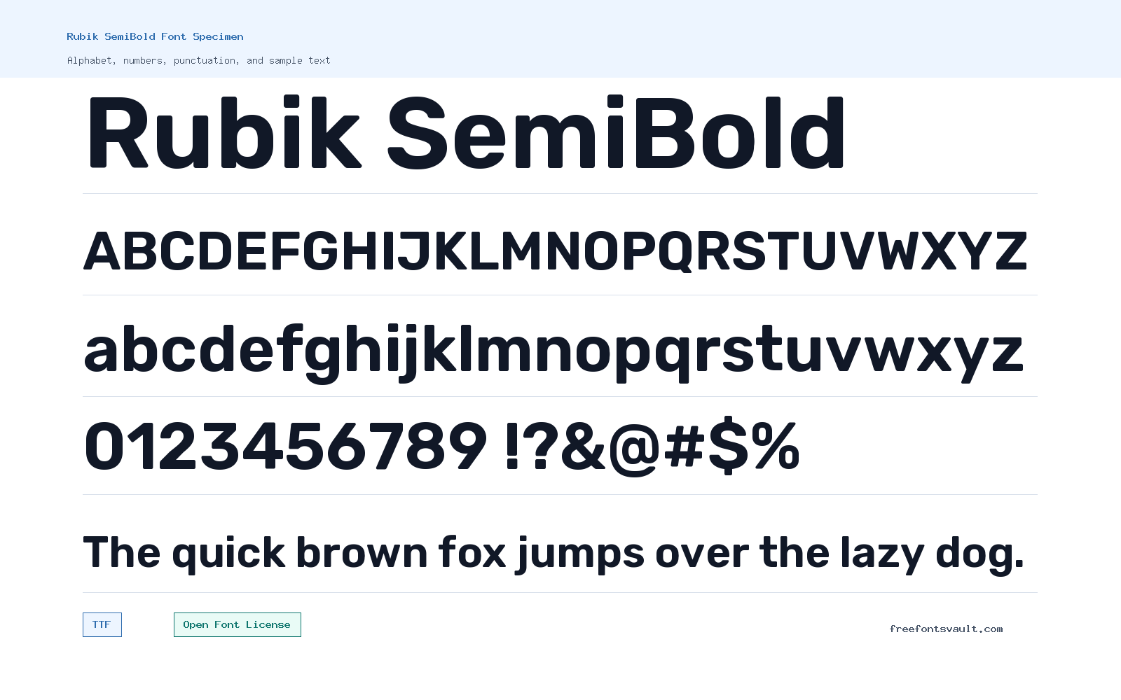 Rubik SemiBold font specimen showing alphabet, numbers, and sample text