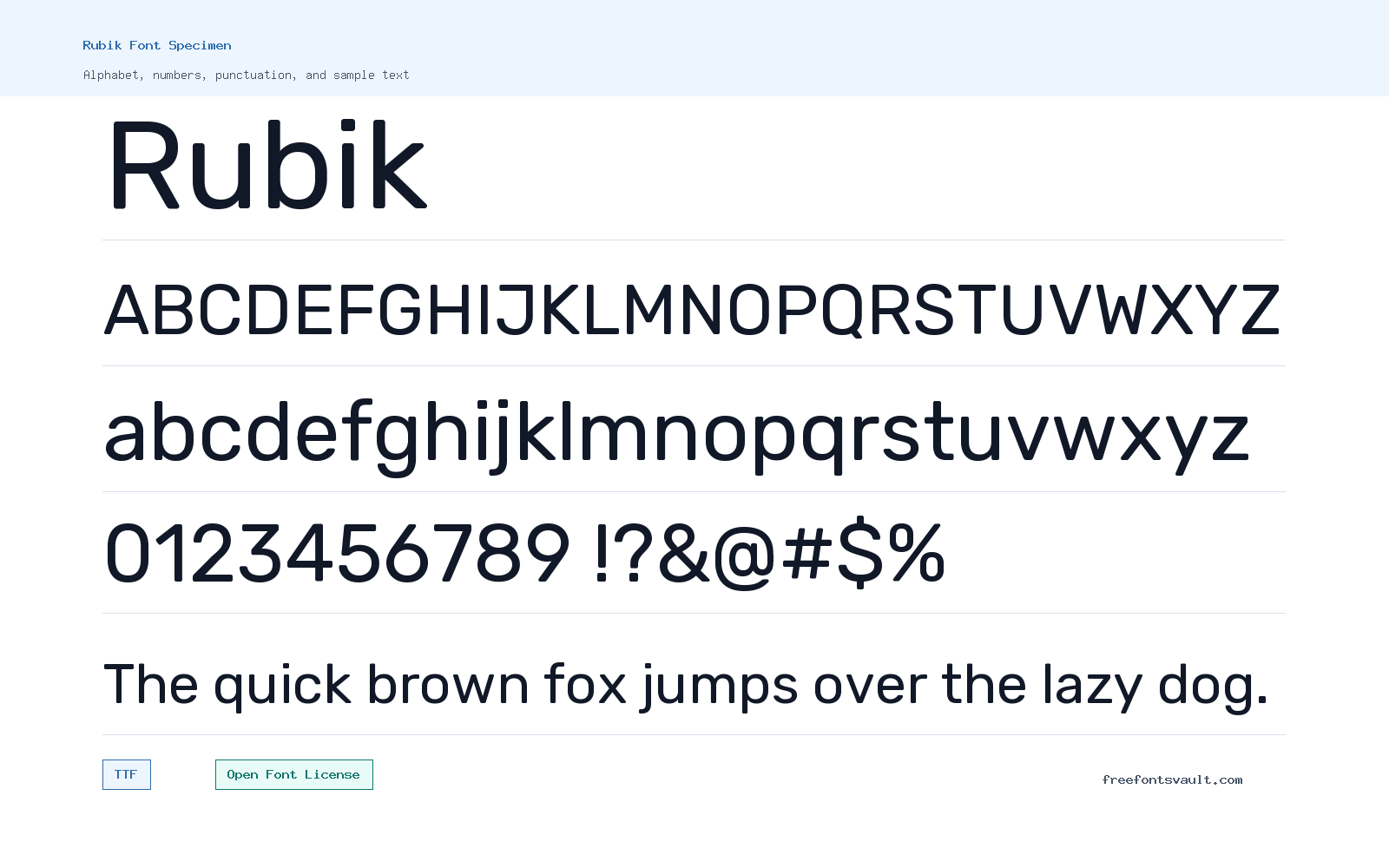 Rubik font specimen showing alphabet, numbers, and sample text