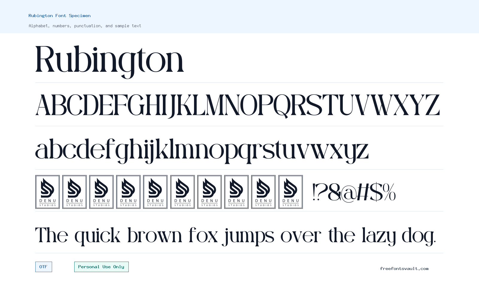 Rubington font specimen showing alphabet, numbers, and sample text
