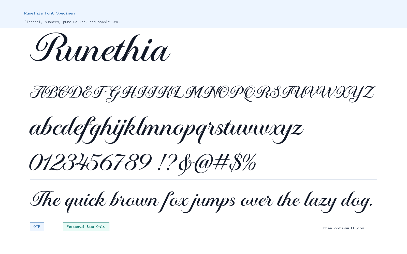 Runethia font specimen showing alphabet, numbers, and sample text