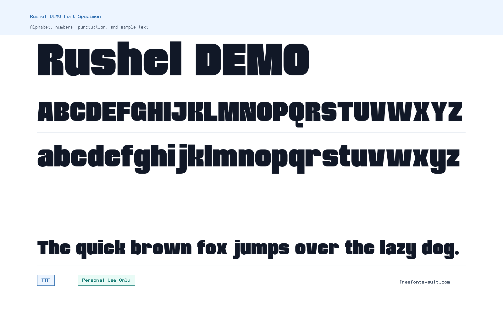 Rushel DEMO font specimen showing alphabet, numbers, and sample text