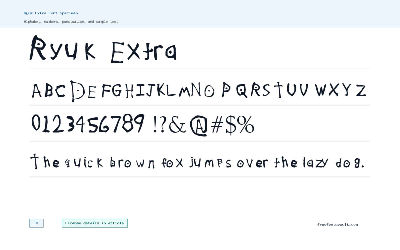 Ryuk Extra font specimen showing alphabet, numbers, and sample text