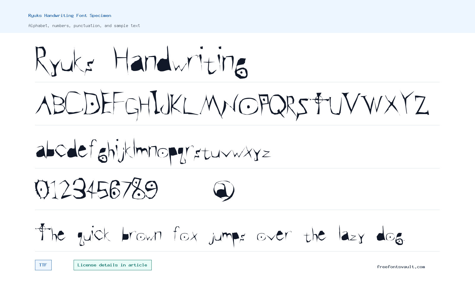 Ryuks Handwriting font specimen showing alphabet, numbers, and sample text