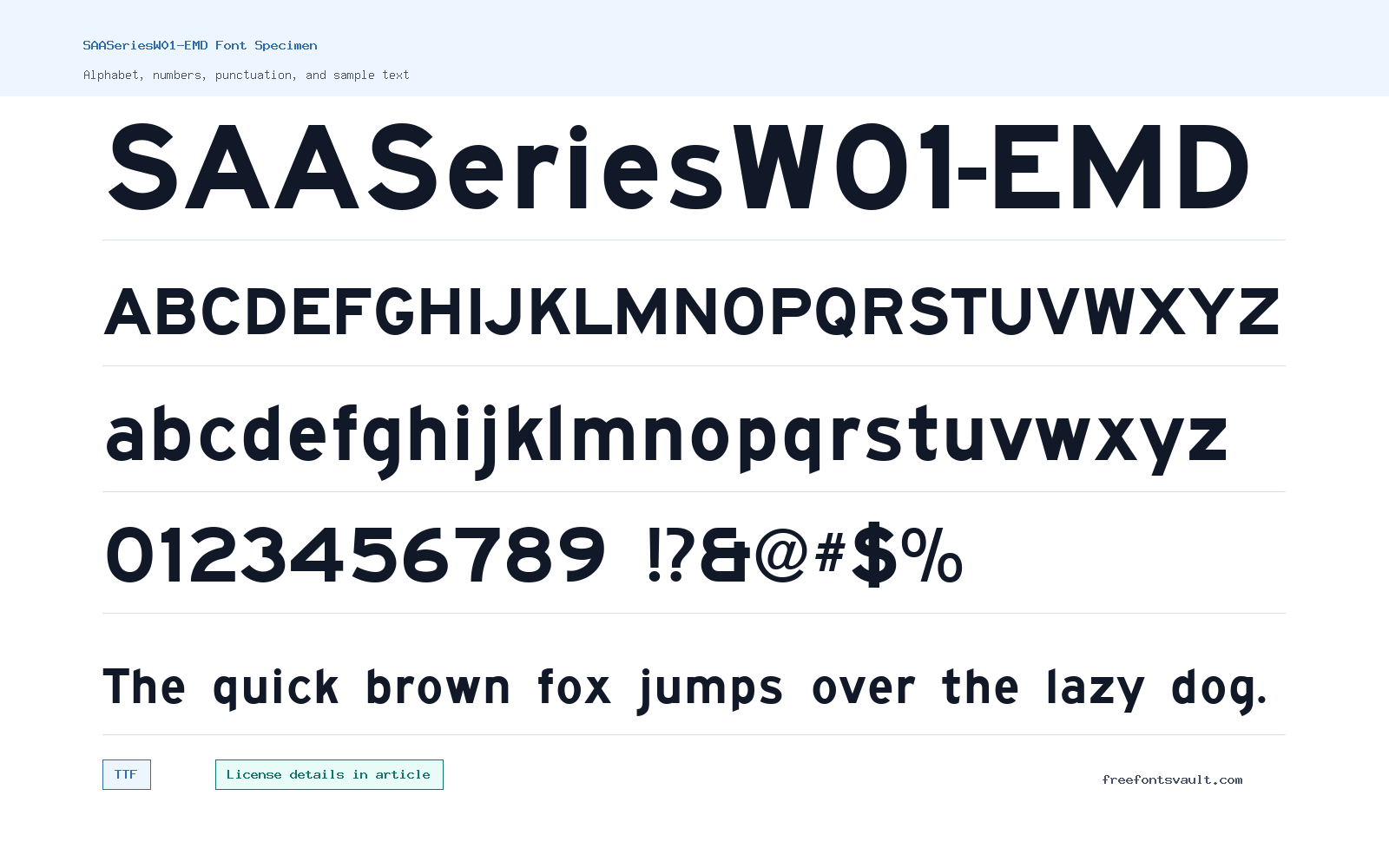 SAASeriesW01-EMD font specimen showing alphabet, numbers, and sample text