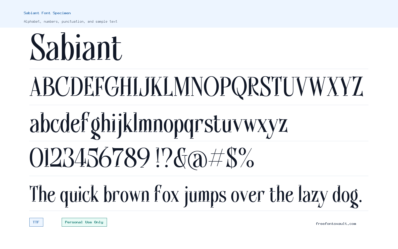 Sabiant font specimen showing alphabet, numbers, and sample text