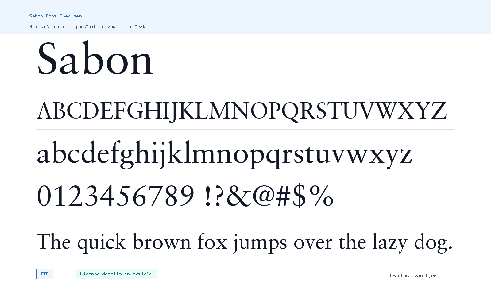Sabon font specimen showing alphabet, numbers, and sample text