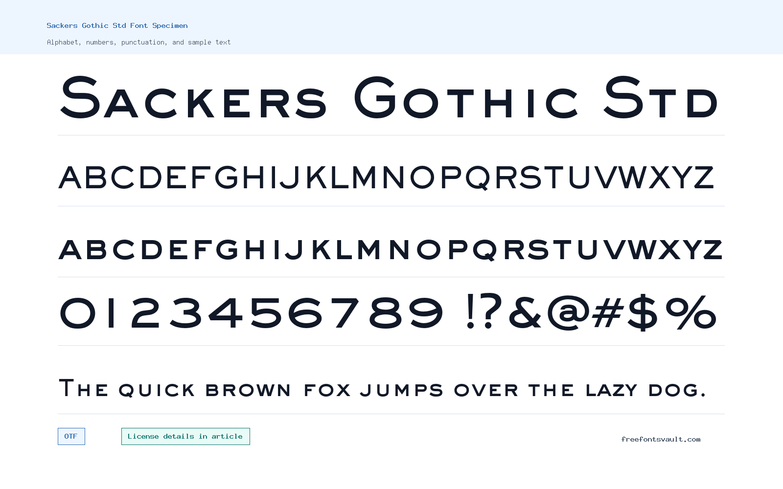 Sackers Gothic Std font specimen showing alphabet, numbers, and sample text