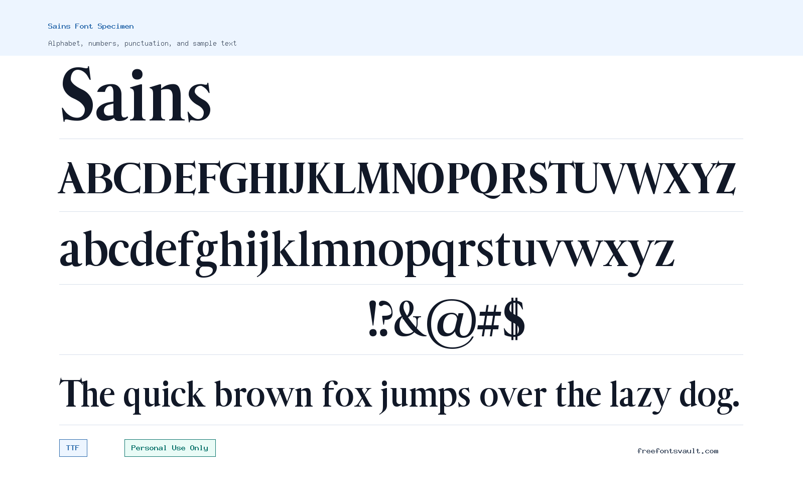 Sains font specimen showing alphabet, numbers, and sample text
