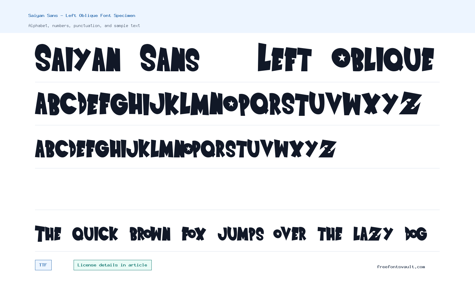 Saiyan Sans - Left Oblique font specimen showing alphabet, numbers, and sample text