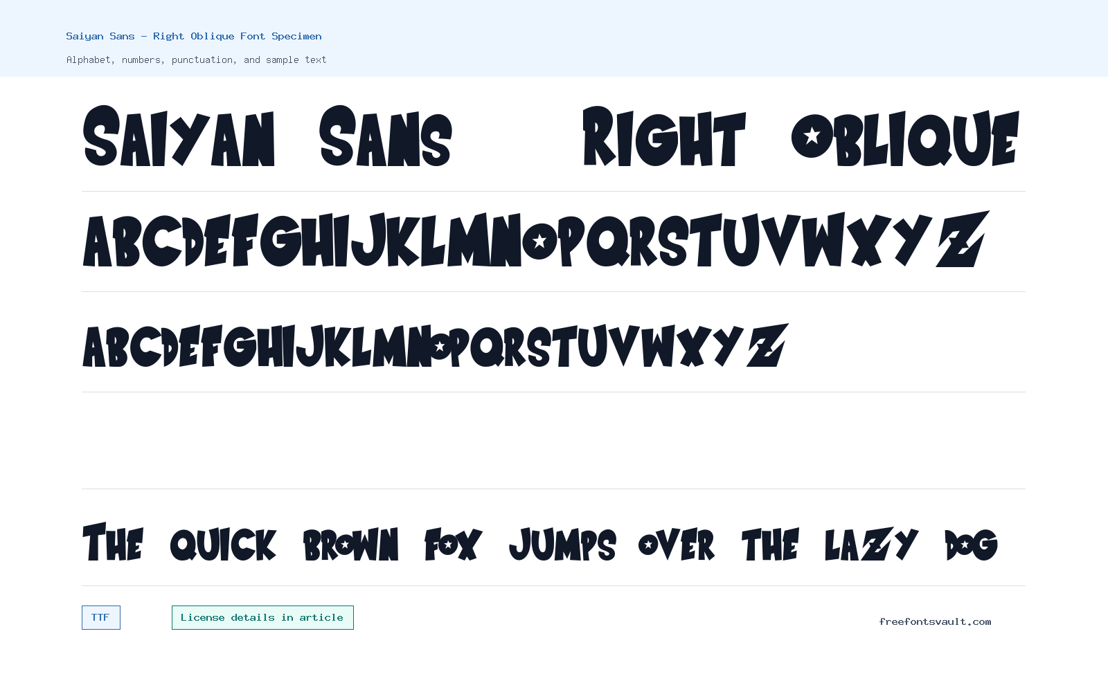 Saiyan Sans - Right Oblique font specimen showing alphabet, numbers, and sample text