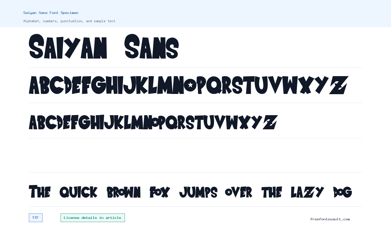 Saiyan Sans font specimen showing alphabet, numbers, and sample text