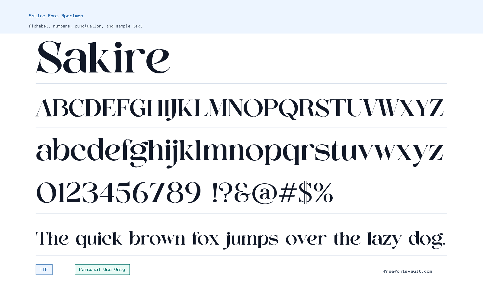 Sakire font specimen showing alphabet, numbers, and sample text