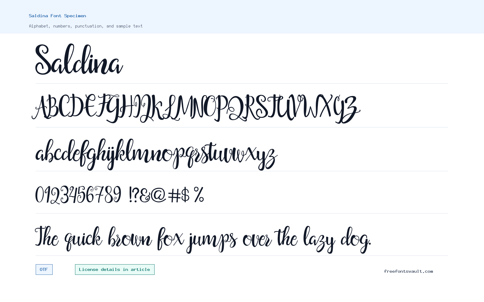 Saldina font specimen showing alphabet, numbers, and sample text