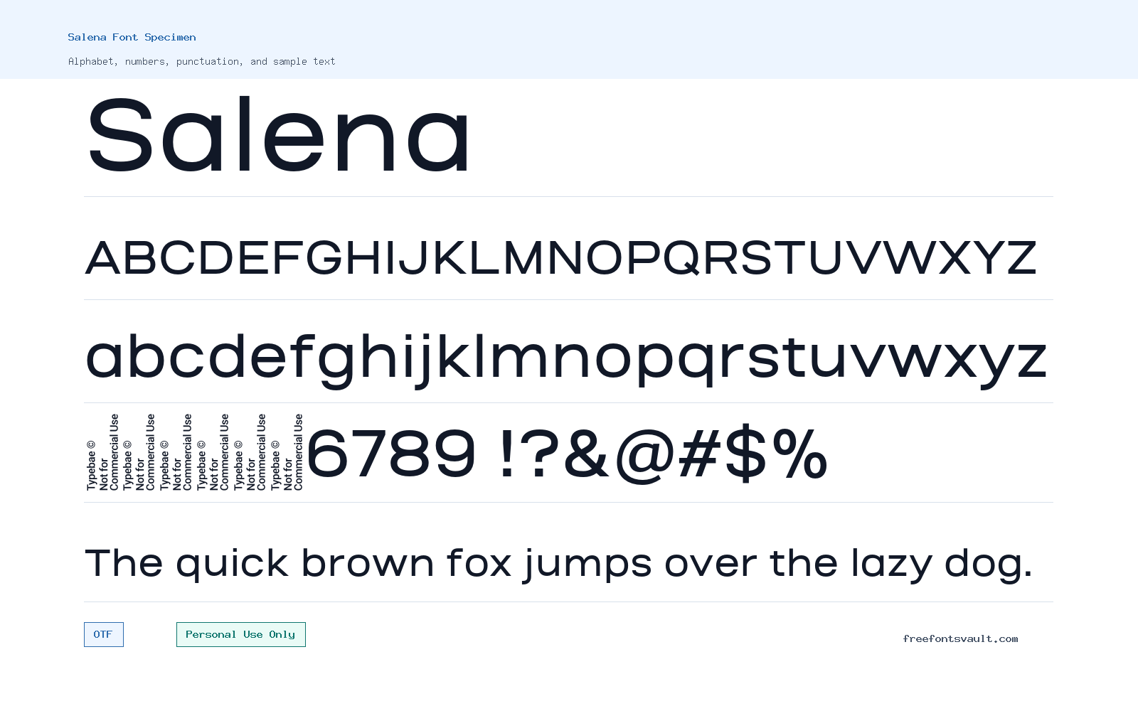Salena font specimen showing alphabet, numbers, and sample text