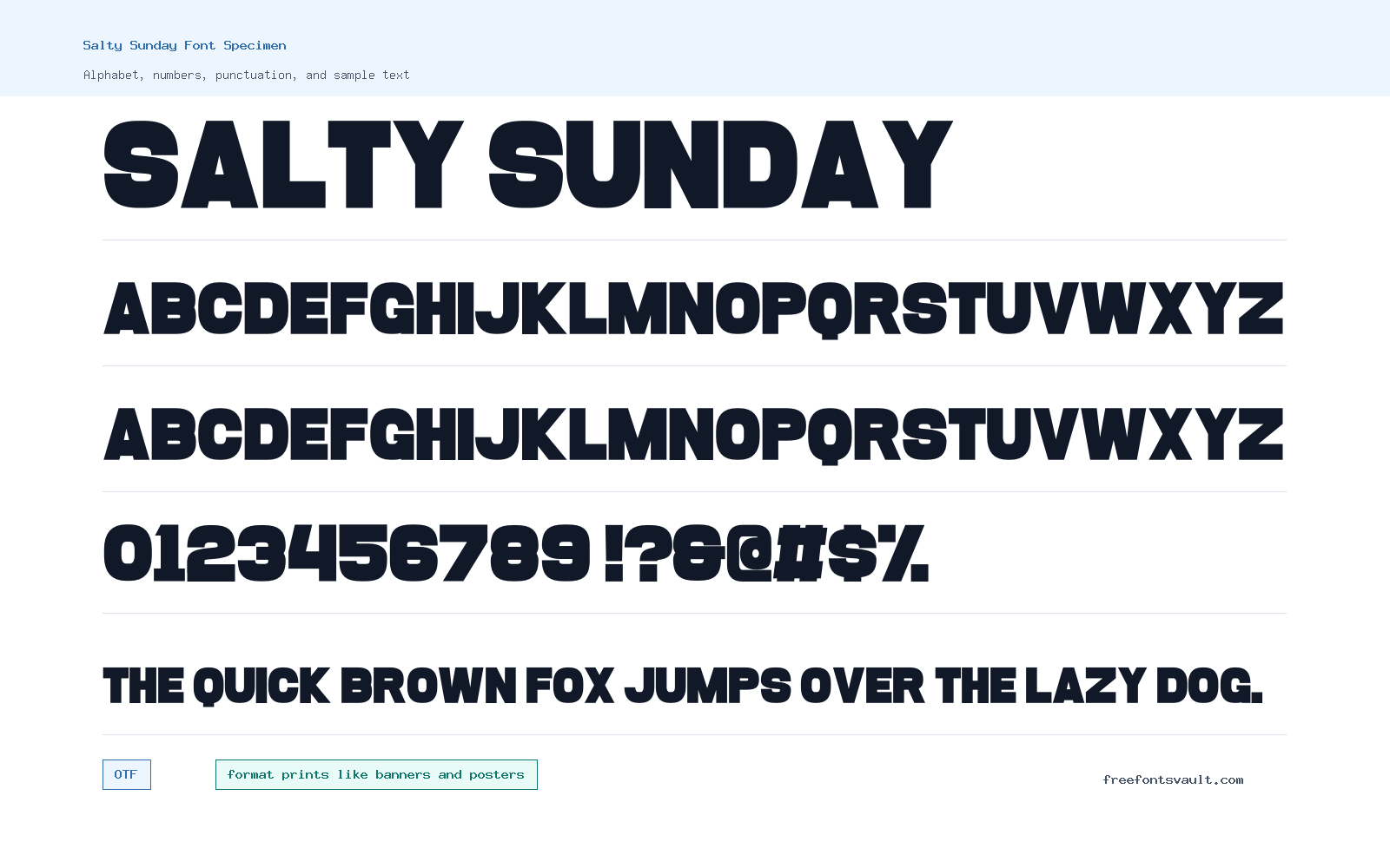 Salty Sunday font specimen showing alphabet, numbers, and sample text