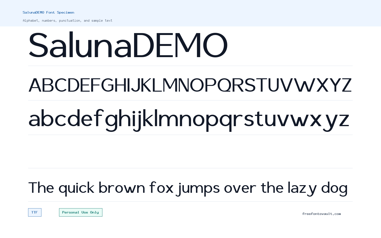 SalunaDEMO font specimen showing alphabet, numbers, and sample text