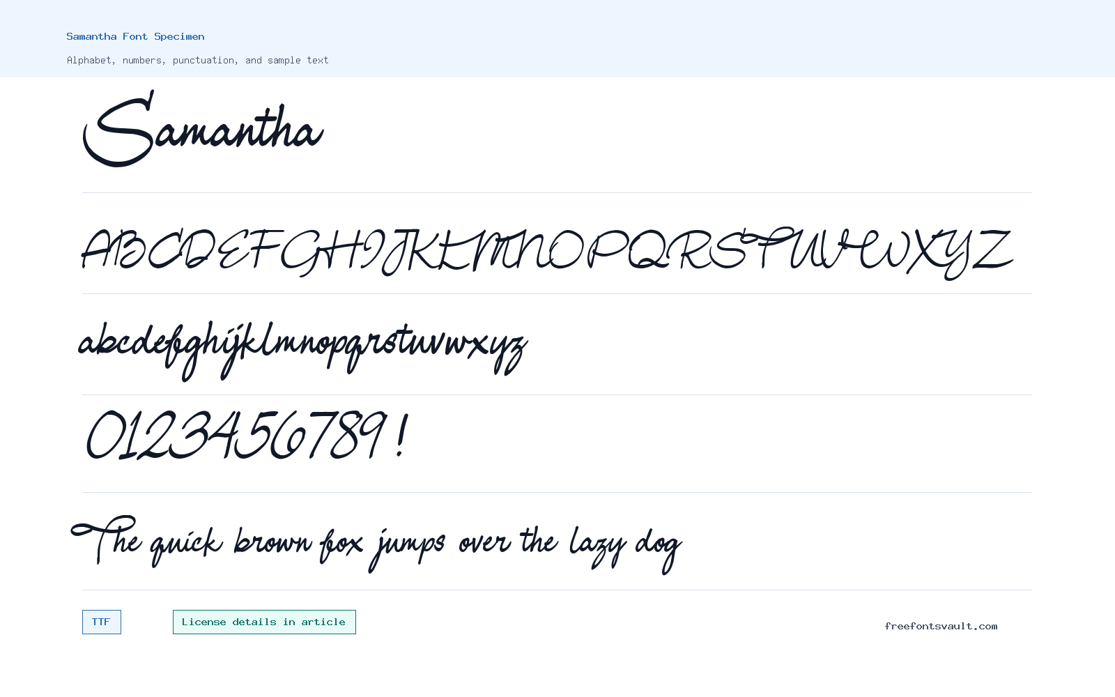 Samantha font specimen showing alphabet, numbers, and sample text