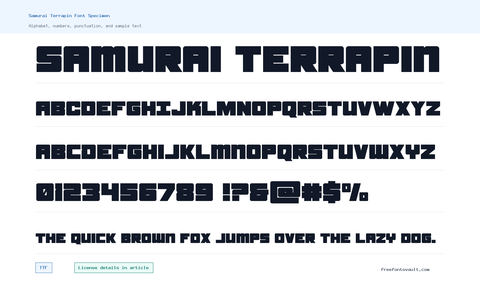 Samurai Terrapin font specimen showing alphabet, numbers, and sample text