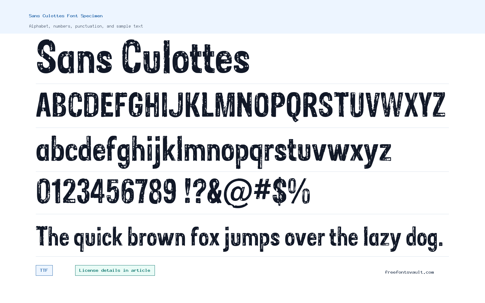 Sans Culottes font specimen showing alphabet, numbers, and sample text