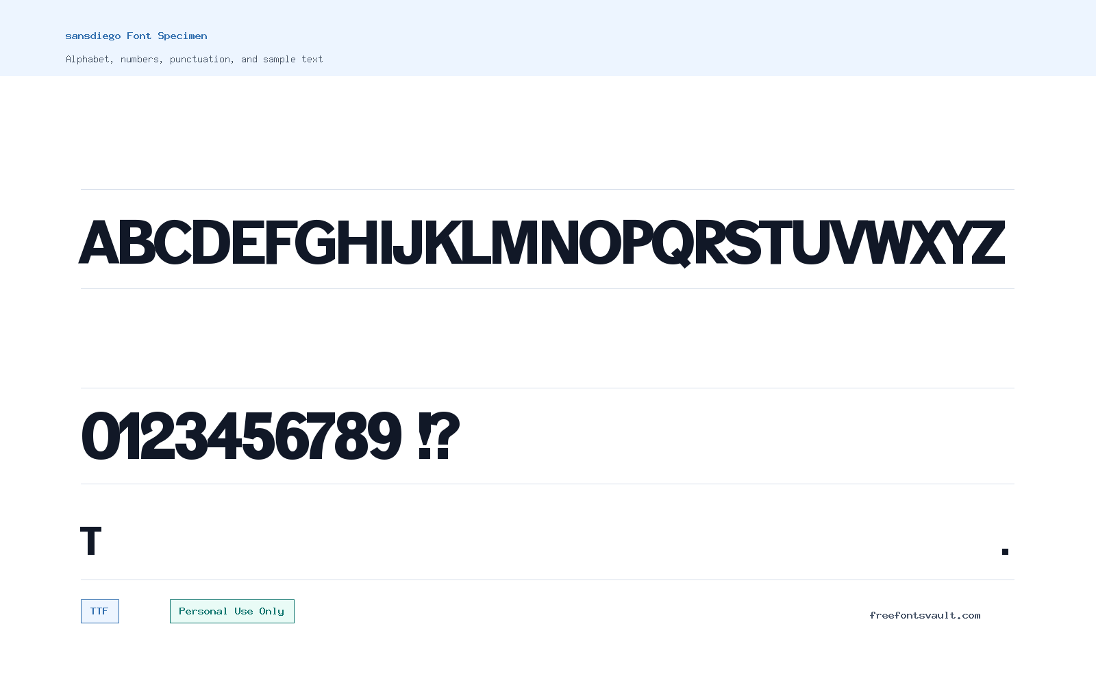 sansdiego font specimen showing alphabet, numbers, and sample text