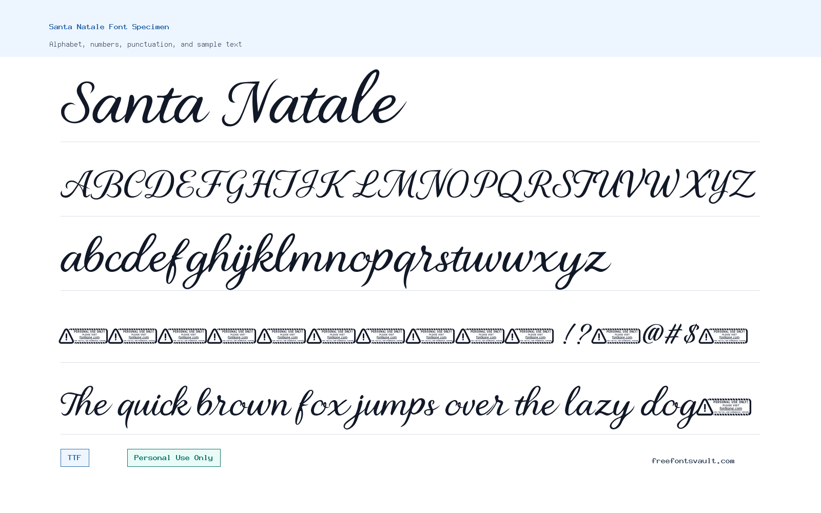 Santa Natale font specimen showing alphabet, numbers, and sample text